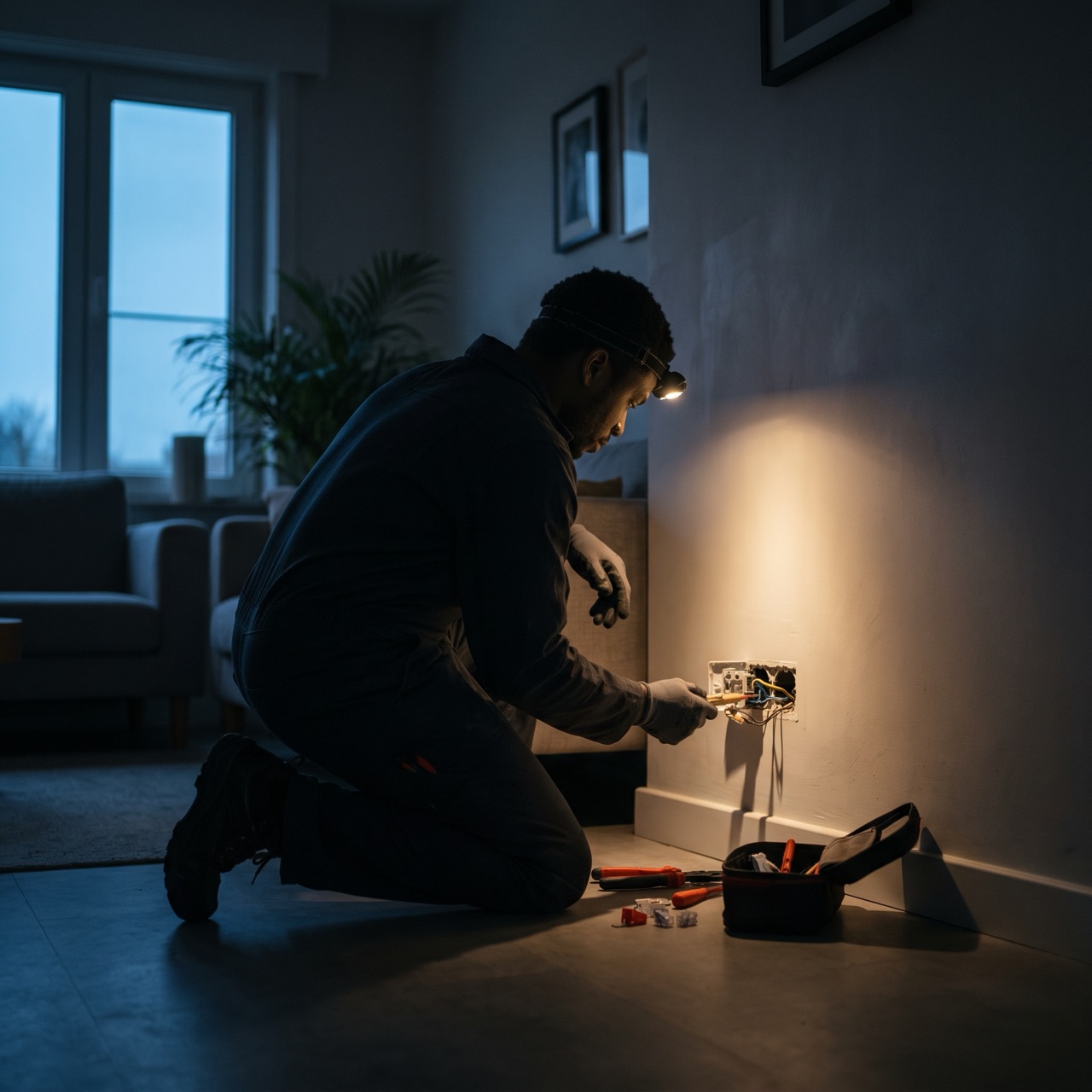 Illustratie: elektricien met hoofdlamp herstelt een stopcontact in een donkere woonkamer