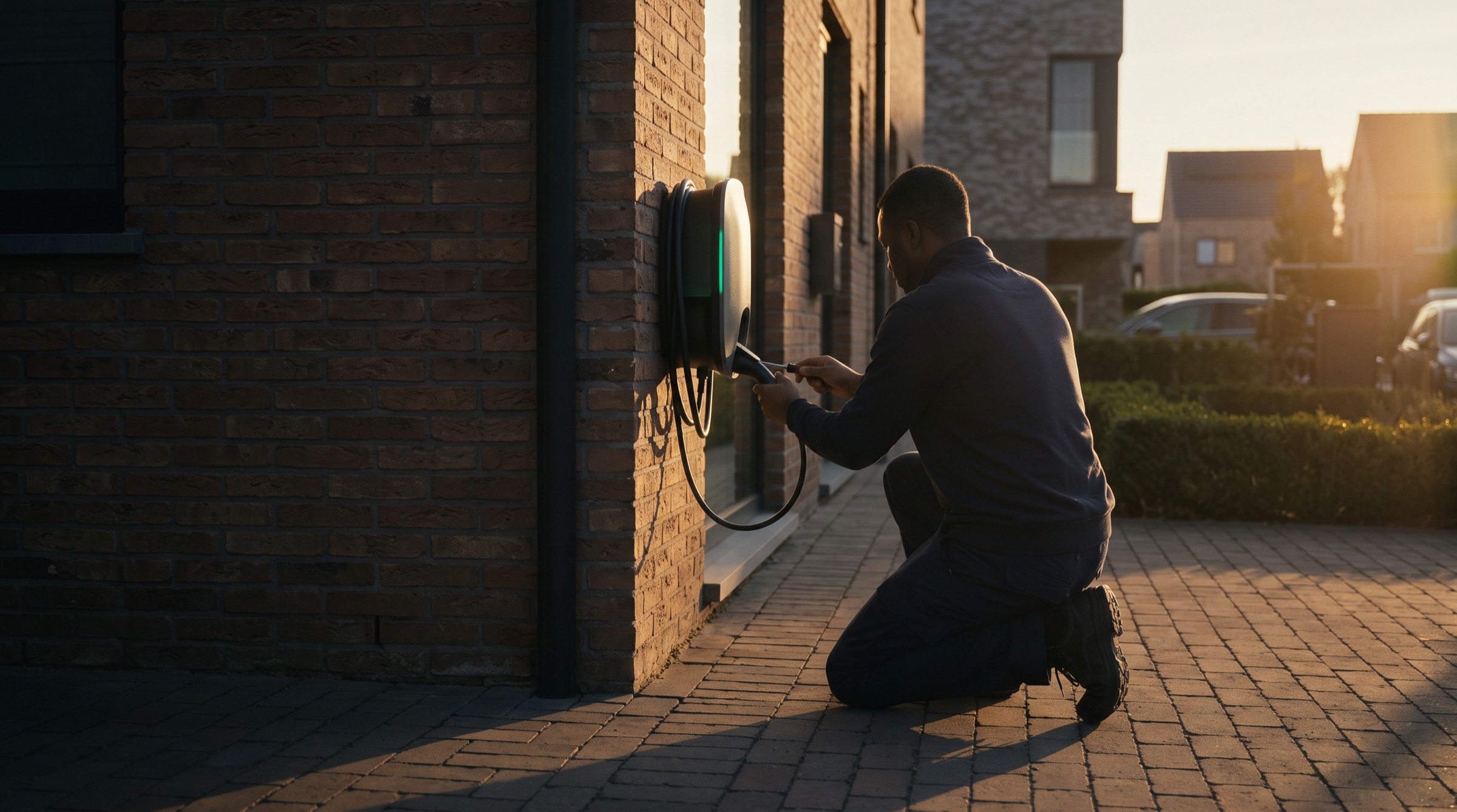 Illustratie: elektricien aan het werk bij een laadpaal aan een bakstenen gevel in de avondzon