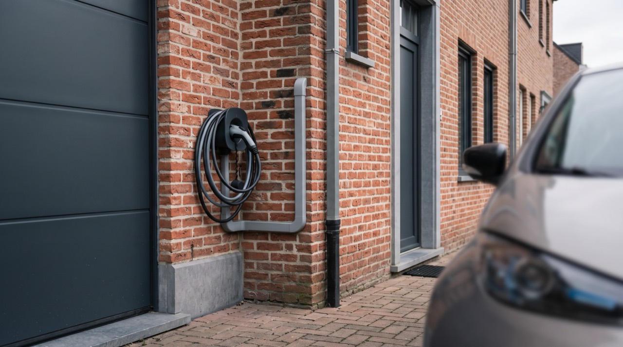 Illustratie: laadpaal met opgerolde kabel aan een bakstenen gevel naast een garagepoort