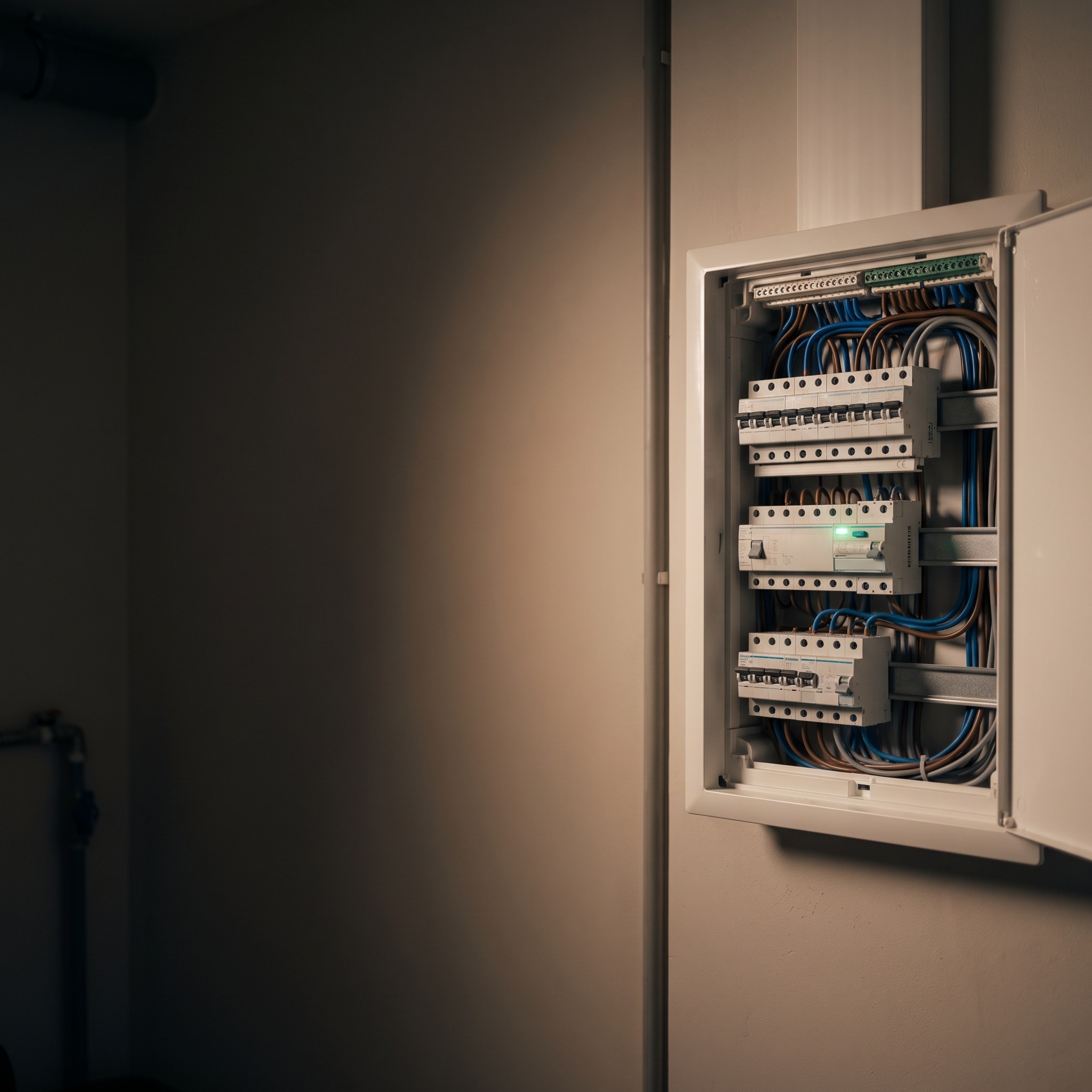 Illustratie: netjes afgewerkte, open verdeelkast met een groen controlelampje in een donkere technische ruimte