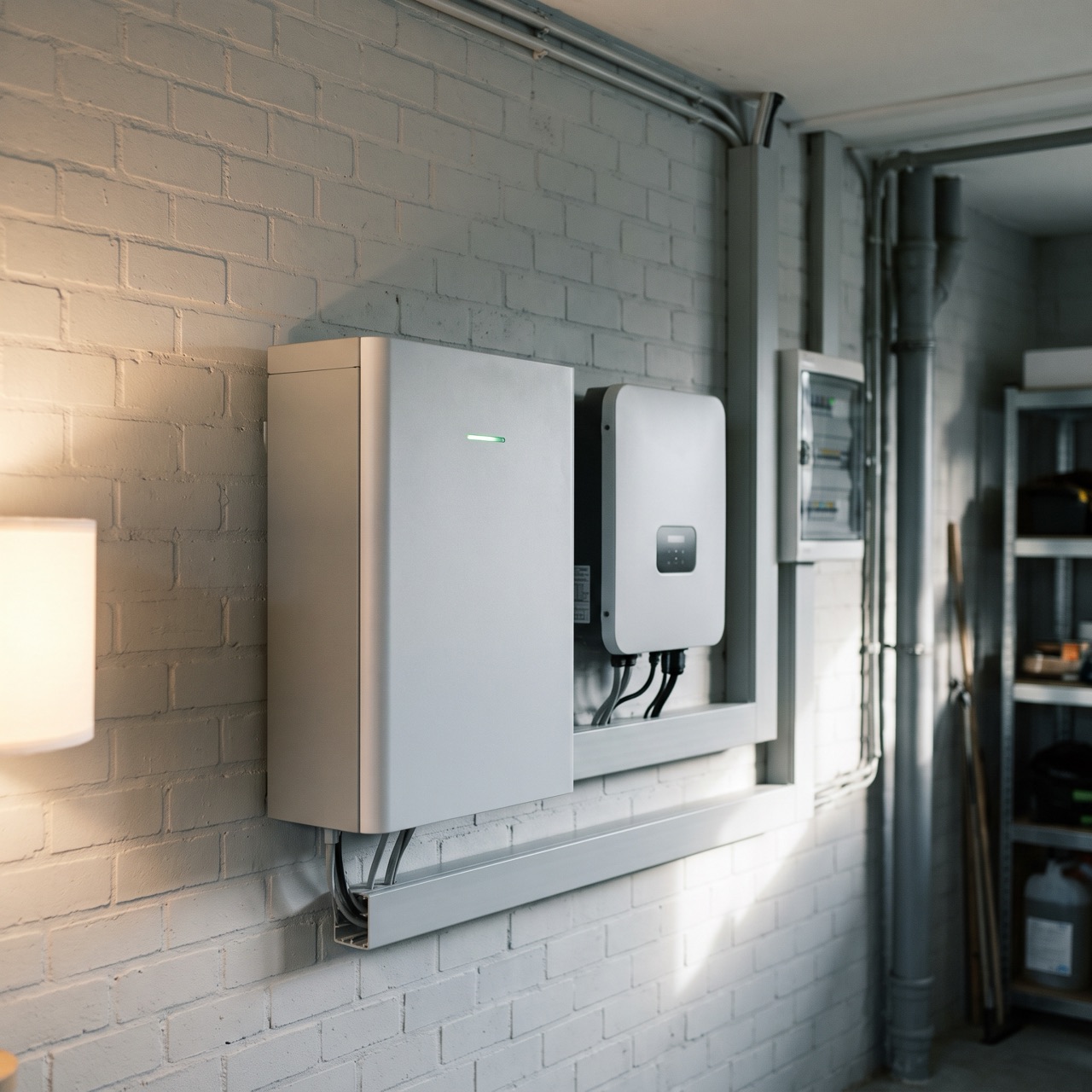 Illustratie: thuisbatterij met omvormer aan een witgeschilderde bakstenen muur in een garage